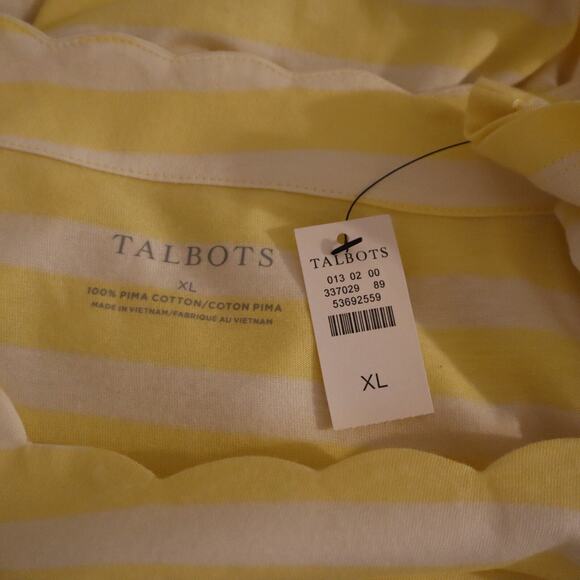 Talbots NWT XL Pima Cotton Tee Yellow White Stripe Scallop Neck Soft Top - Picture 9 of 10